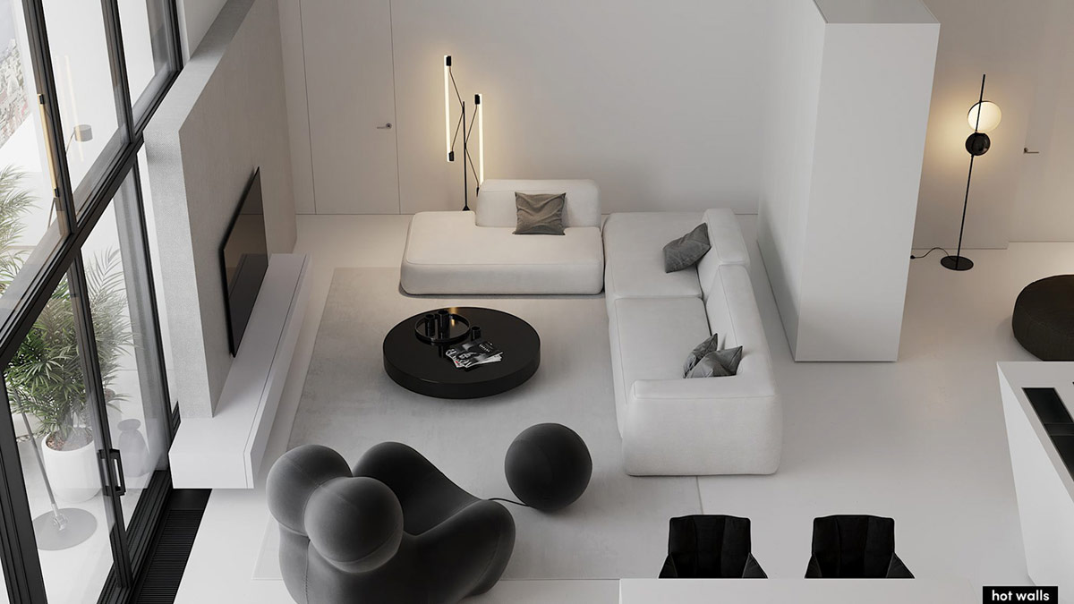 Interiores monocromáticos seguros con forma elegante y funcionalidad