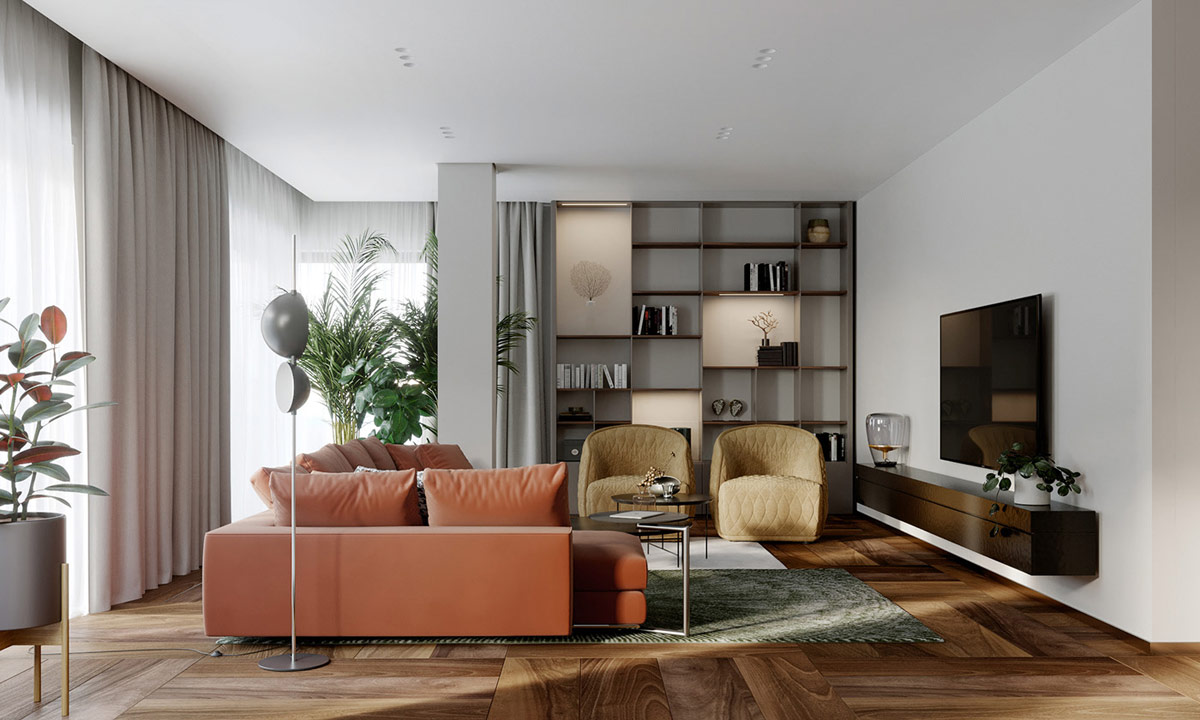 Enriqueciendo interiores de 160 m2 con detalles en marrón, rojo y óxido (planos de planta Plus)