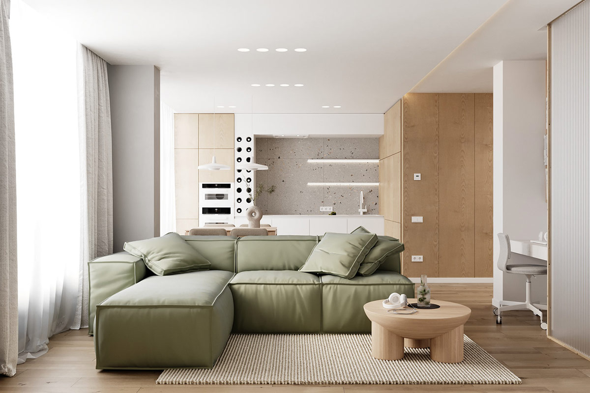 Agregar color con un sofá decorativo (más planos de planta de menos de 70 m2)