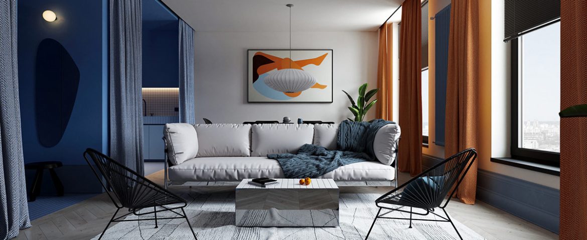 Apartamentos lúdicos con decoración naranja y azul