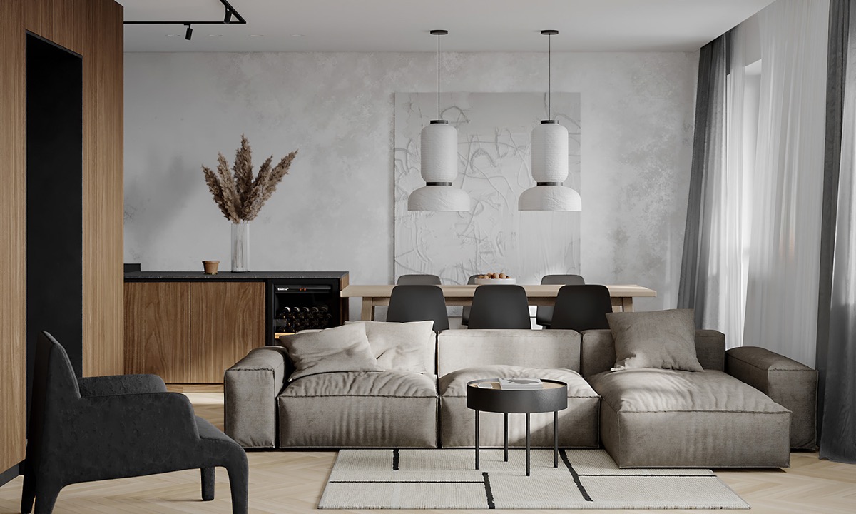 Elegante apartamento interior de color carbón y marrón de menos de 80 m2, con distribución