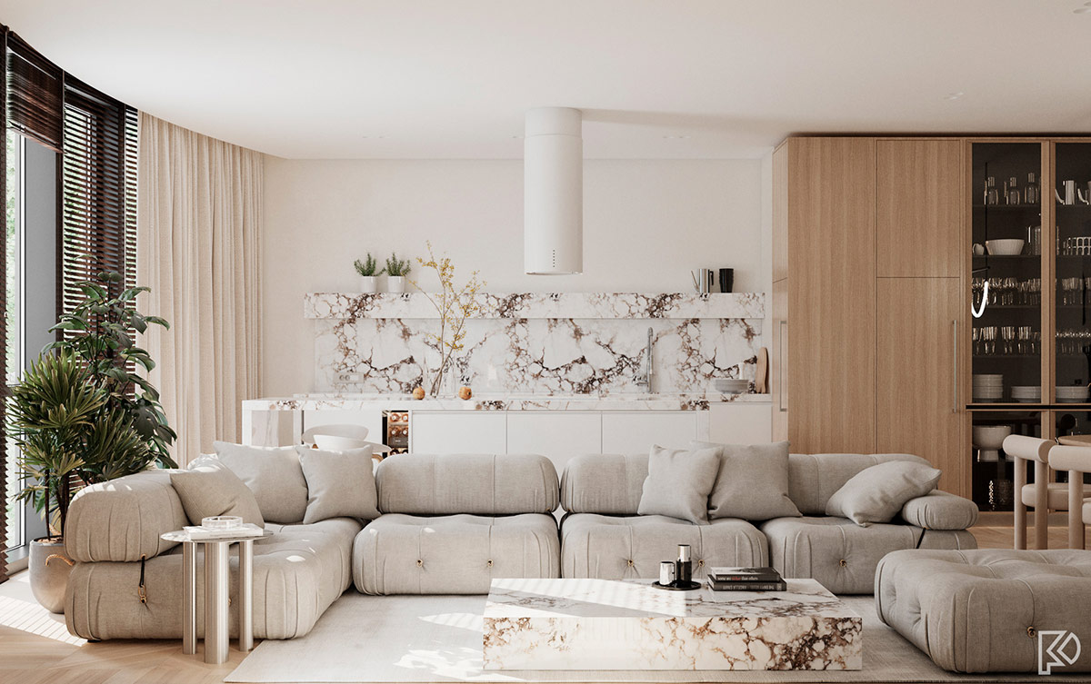 Ambiente minimalista ligero y acogedor con acentos de mármol blanco y madera