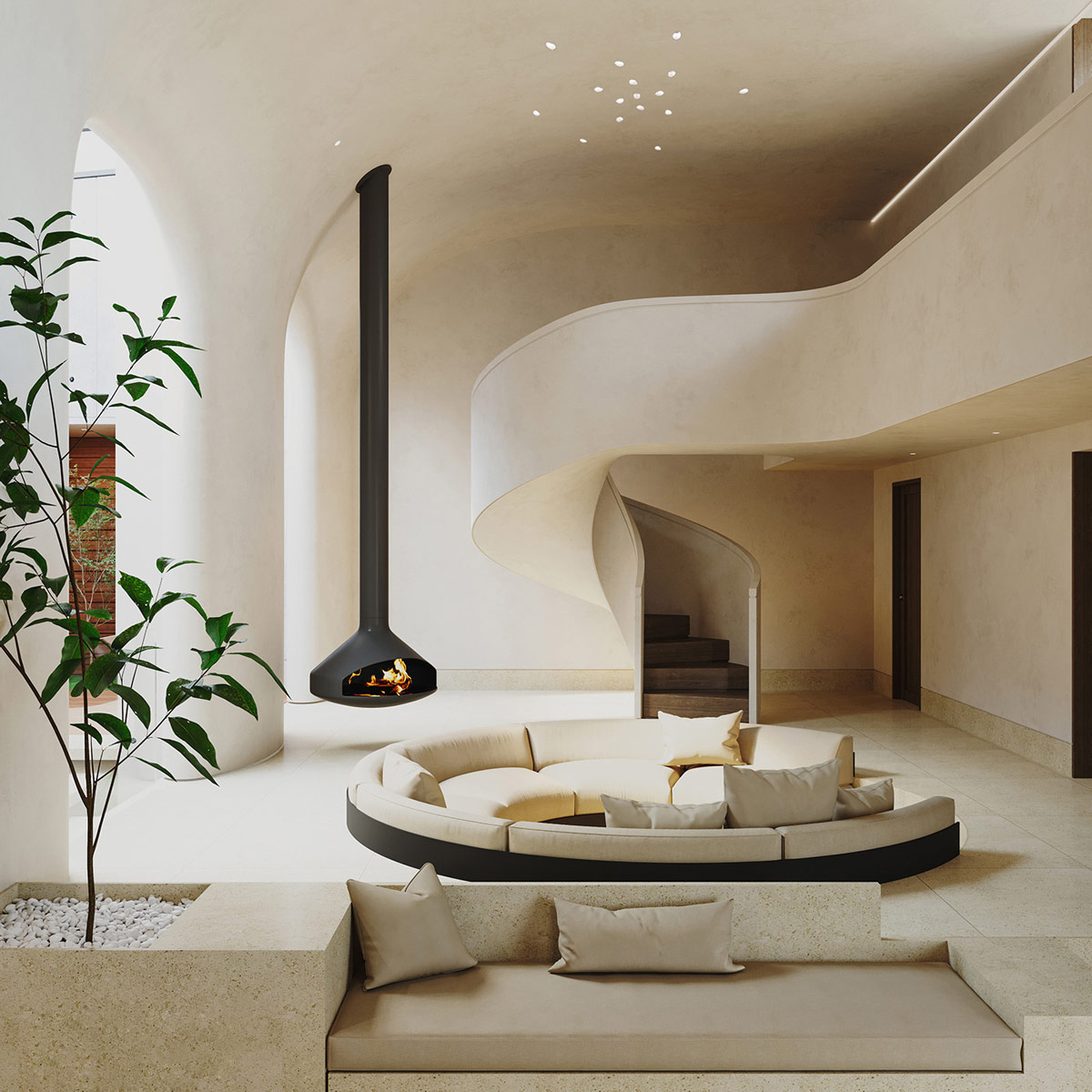 Interior de la casa color crema con diseño de escalera curvilínea y patio