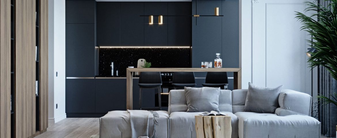 Suaves diseños de casas de 60 m2 con decoración en negro, gris y marrón tonal